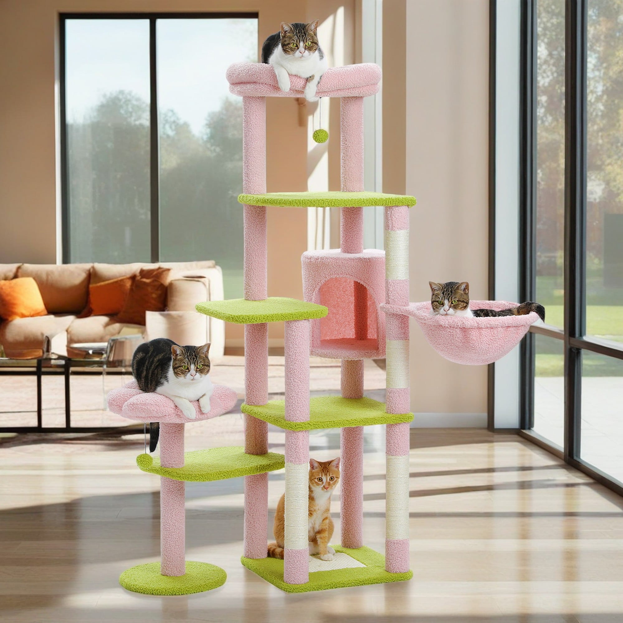 Kadyn 59" Cat Tree Tower for Indoor Cats, Multi-Level Cat Condo with 3 Removable Pompom Sticks, Cat Tree House with Hammock, Scratching Post, and 2 Perches, Pink