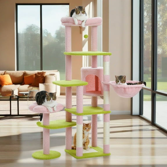 Demi Bonn 59" Cat Tree Tower for Indoor Cats, Multi-Level Cat Condo with 3 Removable Pompom Sticks, Cat Tree House with Hammock, Scratching Post, and 2 Perches, Pink