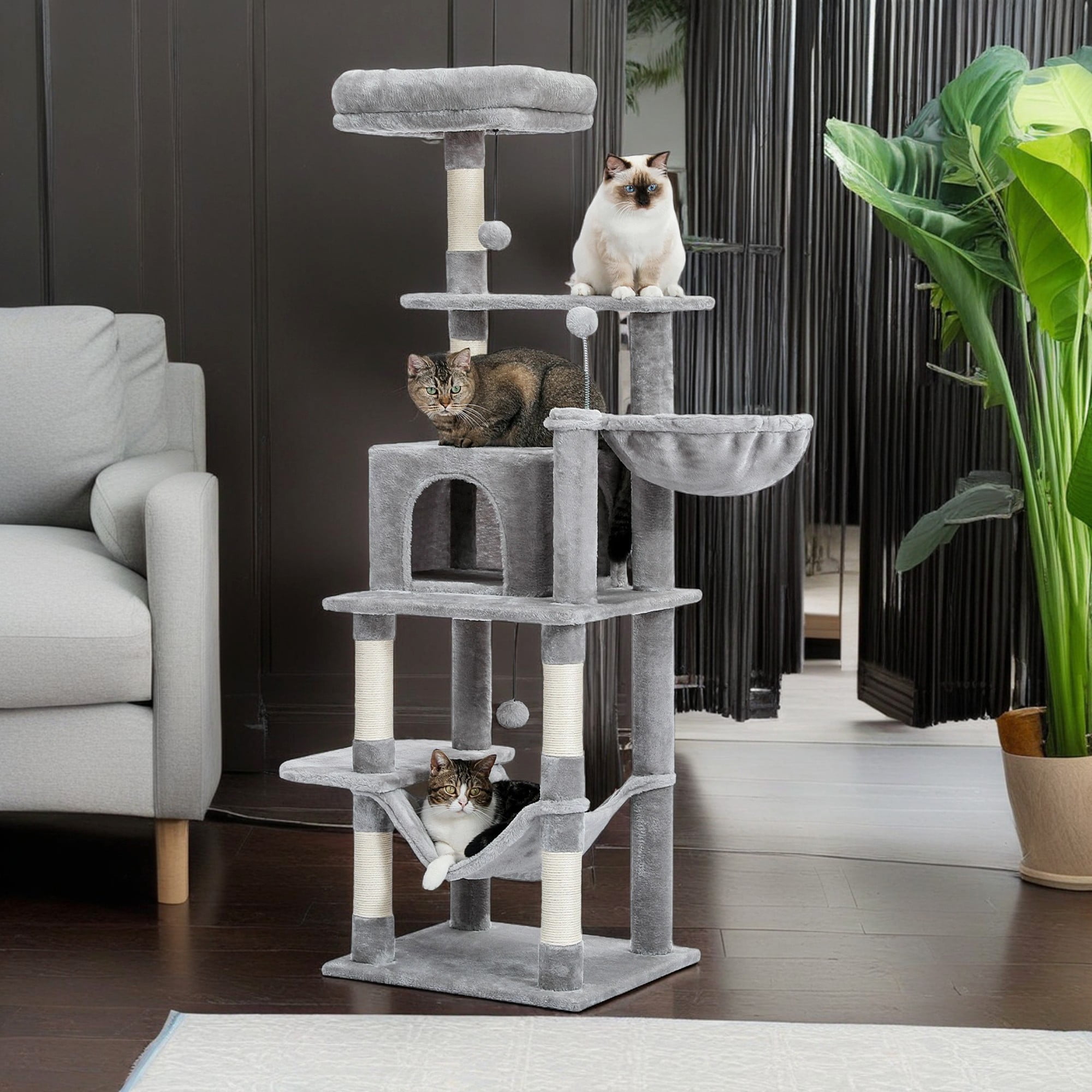 Kadyn 59" Cat Tree Tower, Multi-Level Cat Condo for Indoor Cats with Cat Hammocks, Natural Sisal Covered Scratching Post and Plush Top Perch, Grey