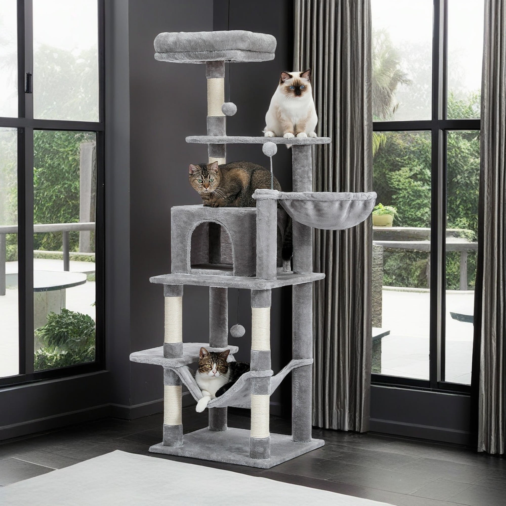 Kadyn 59" Cat Tree Tower for Indoor Cats, Plush Multi-Level Cat Condo with 6 Scratching Posts, Perches, Caves, Hammock, Gray