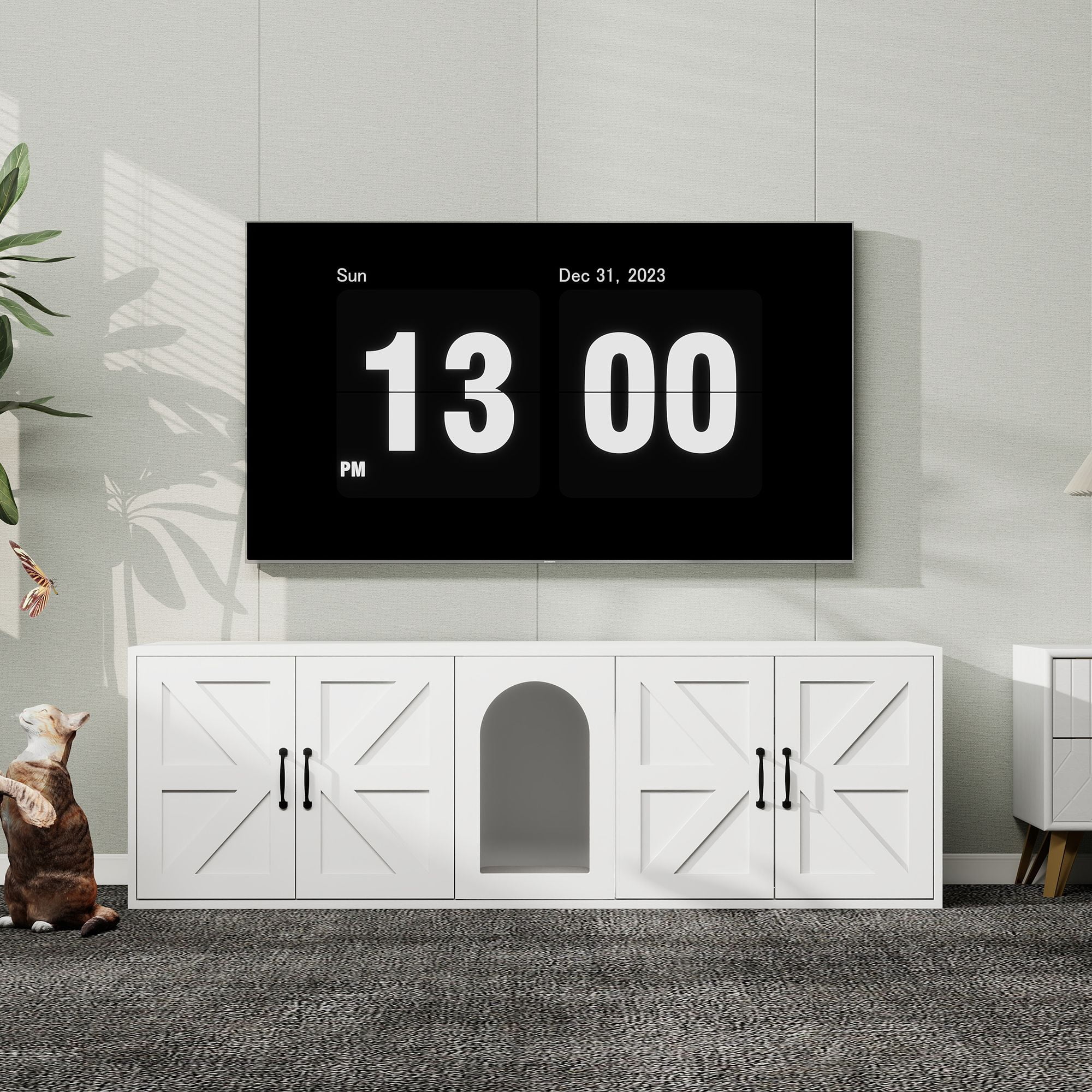 resenkos 59" Double Cat Litter Box Enclosure, Litter Box Furniture Hidden with Double Room, Indoor Cat House with Cat Door, White