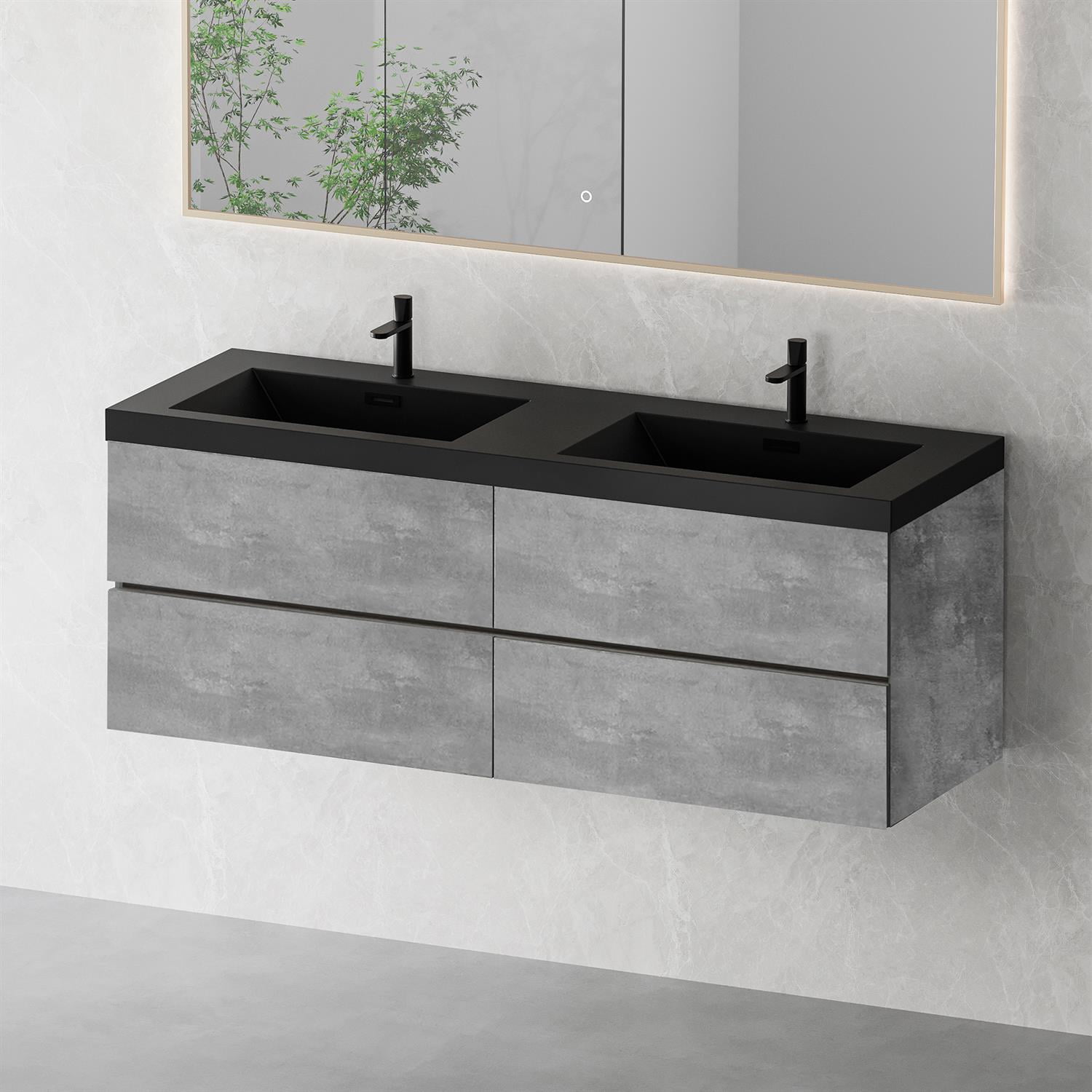 Demi Bonn 59" Floating Bathroom Vanity with Sink, Double Black Quartz Sand Top Basin and 4 Soft Close Drawers, Faucets and Drains Not Included, Gray