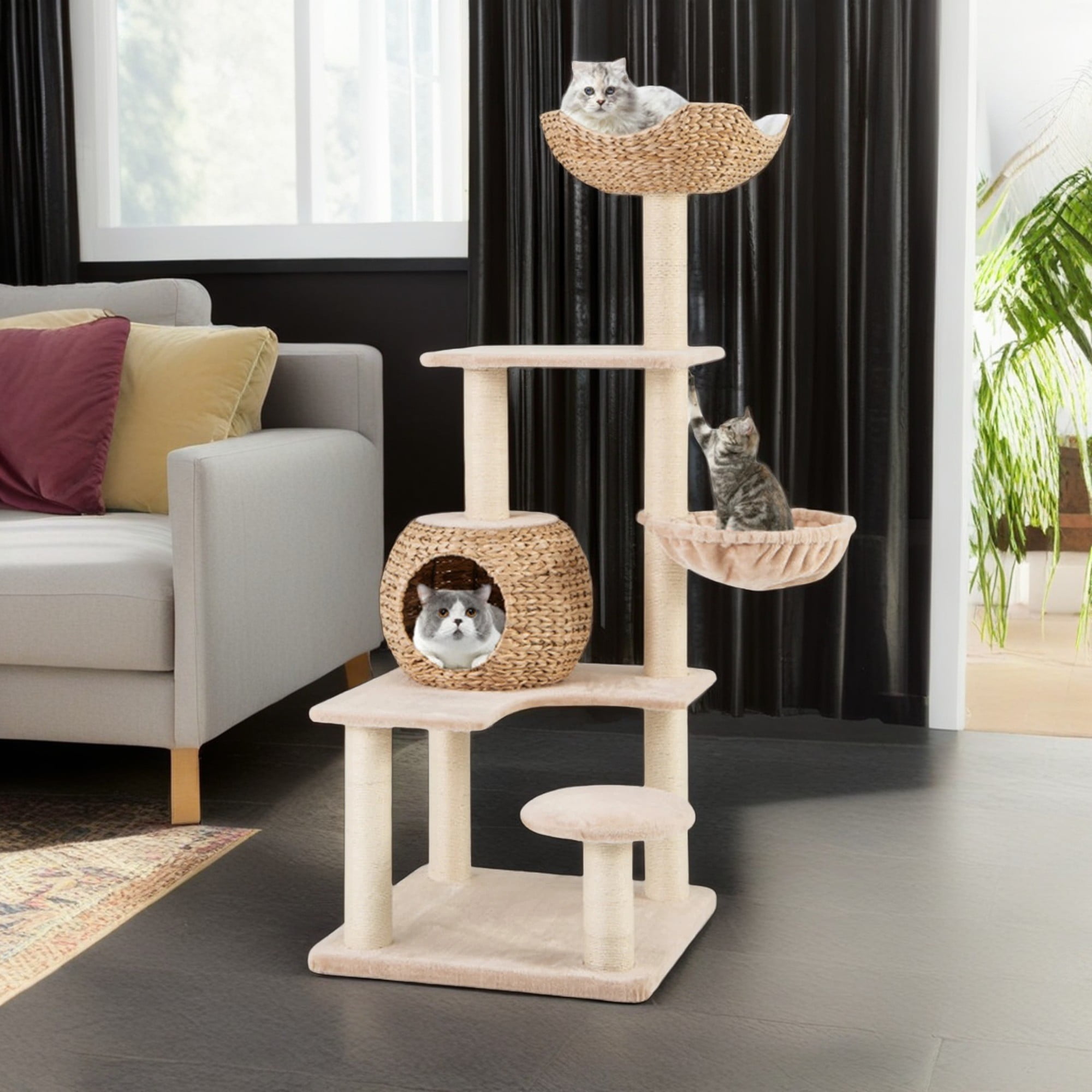 Kadyn 59" Modern Cat Tree Tower for Indoor Cats w/Natural Sisal Scratching Posts, Hand-Woven Condo and Top Perch, Cat Tree House for Kittens Climb Play, Beige