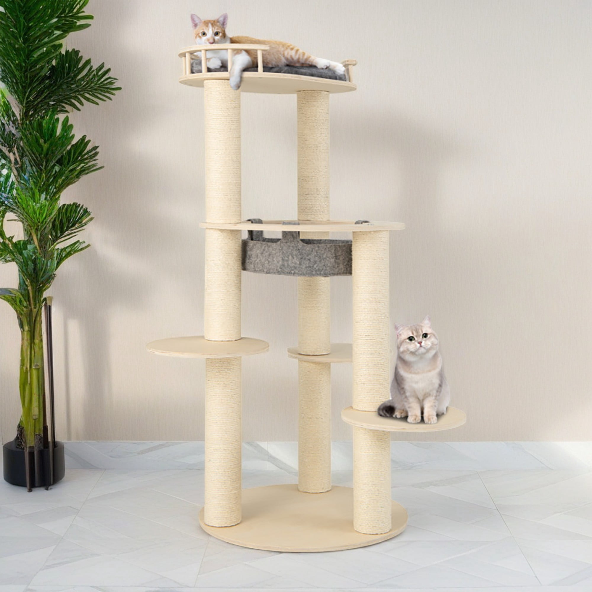 resenkos 59" Modern Cat Tree Tower for Indoor Cats, 5-level Large Wood Cat Condo with Scratching Post and Removable Pads for Small Large Cats, Beige