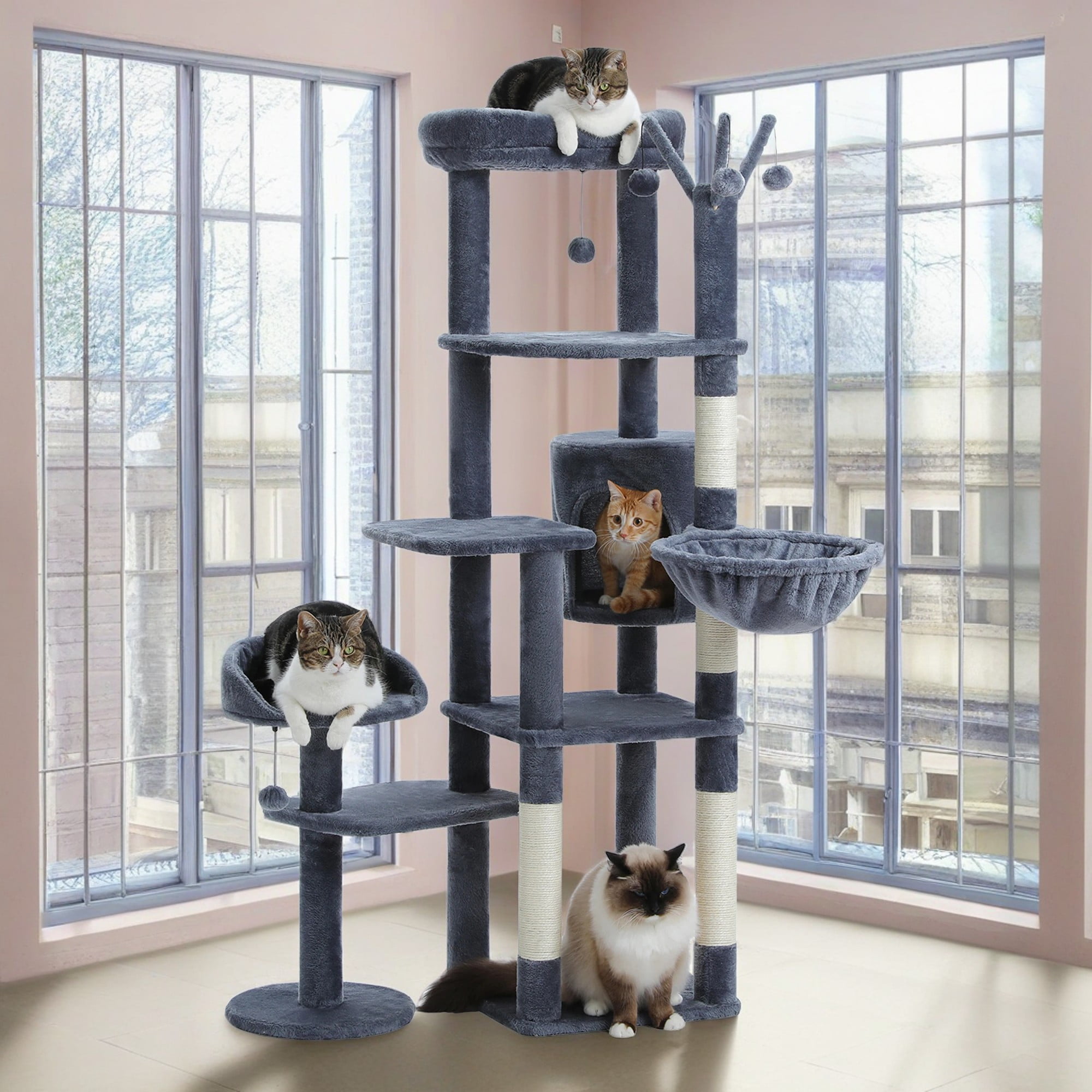 resenkos 59" Multi-Level Cat Tree House with Large Hammock, Scratching Post, 2 Perches, Cat Tower with 3 Removable Pompom Sticks, Cat Condo, Dark Gray