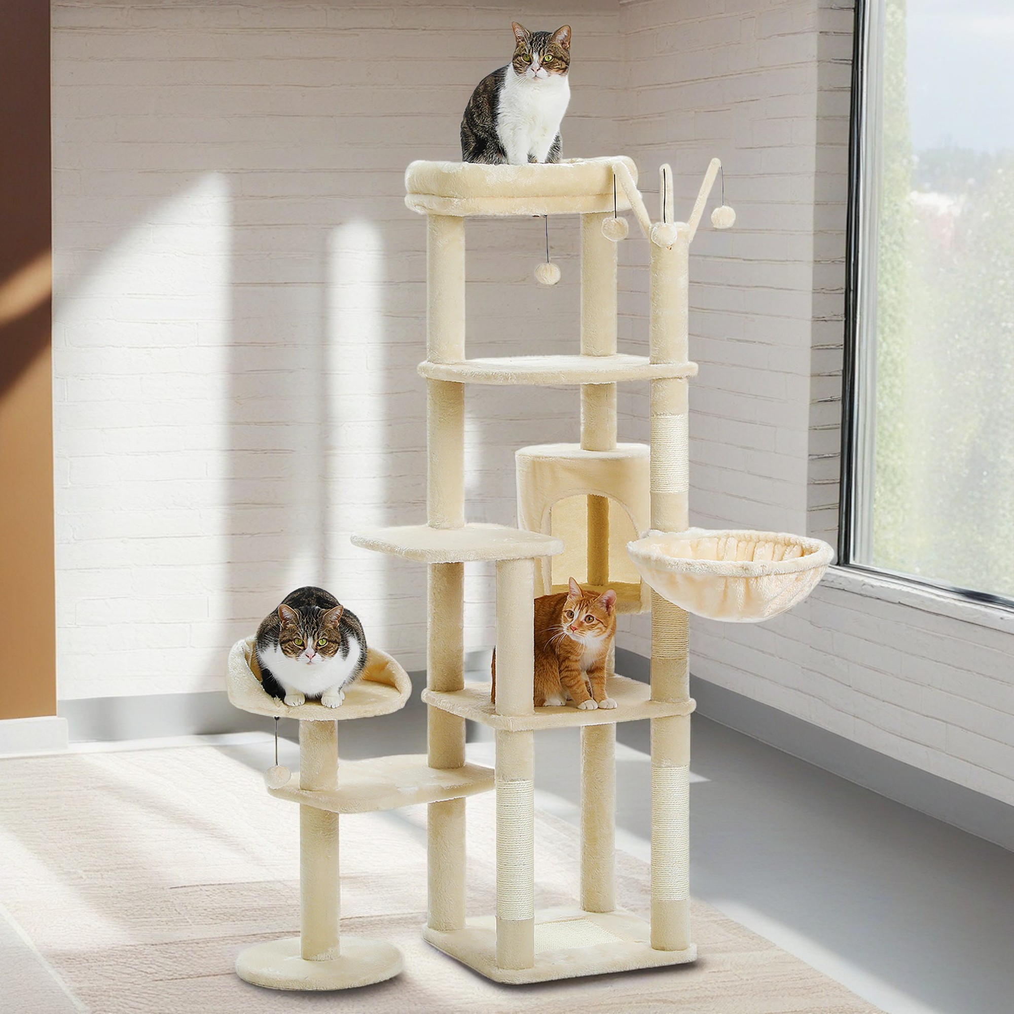 Kadyn 59" Multi-Level Cat Tree House with Large Hammock, Scratching Post, 2 Perches, Cat Tower with 3 Removable Pompom Sticks, Cat Condo, Beige