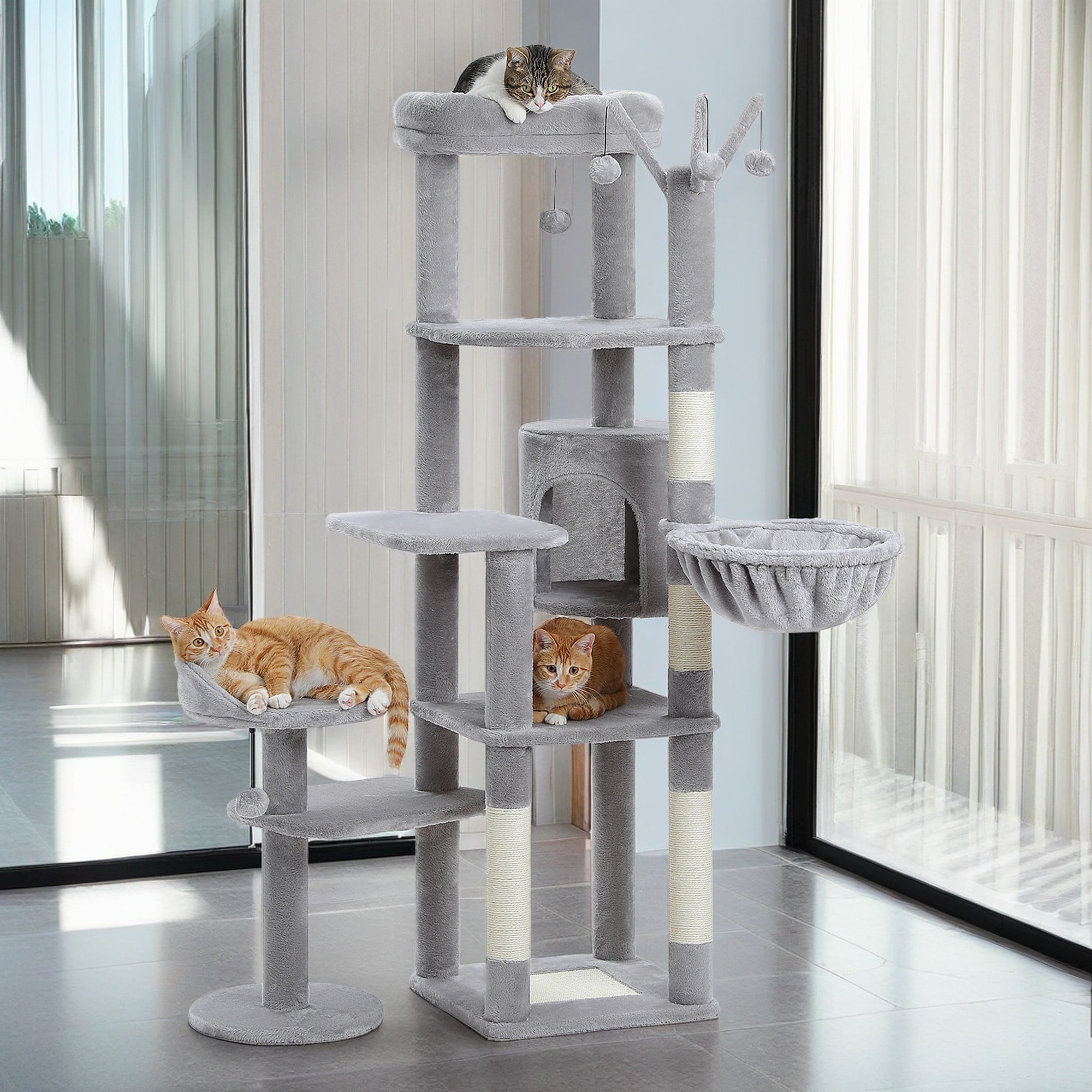 Gray Multi-Level Cat Tree with Hammock and Scratching Post