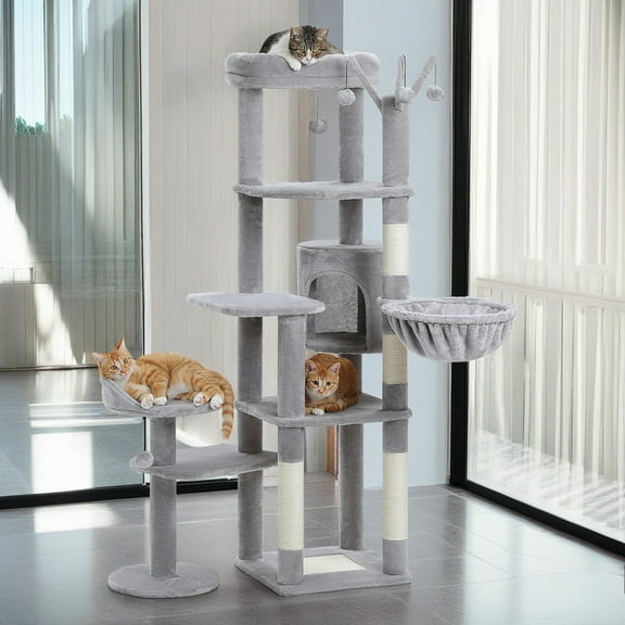 Demi Bonn 59" Multi-Level Cat Tree House with Large Hammock, Scratching Post, 2 Perches, Cat Tower with 3 Removable Pompom Sticks, Cat Condo, Gray