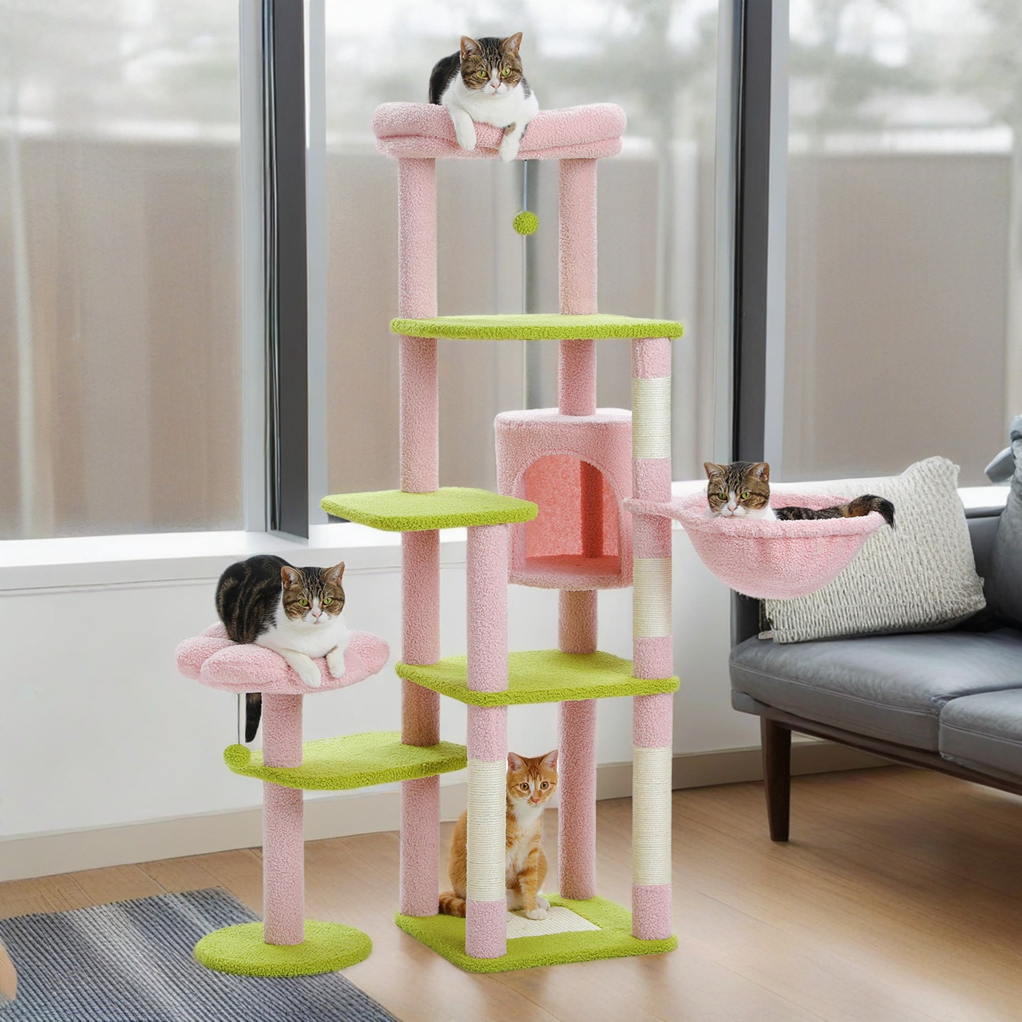 resenkos 59" Multi-Level Cat Tree House with Large Hammock, Scratching Post, 2 Perches, Cat Tower with 3 Removable Pompom Sticks, Cat Condo, Pink