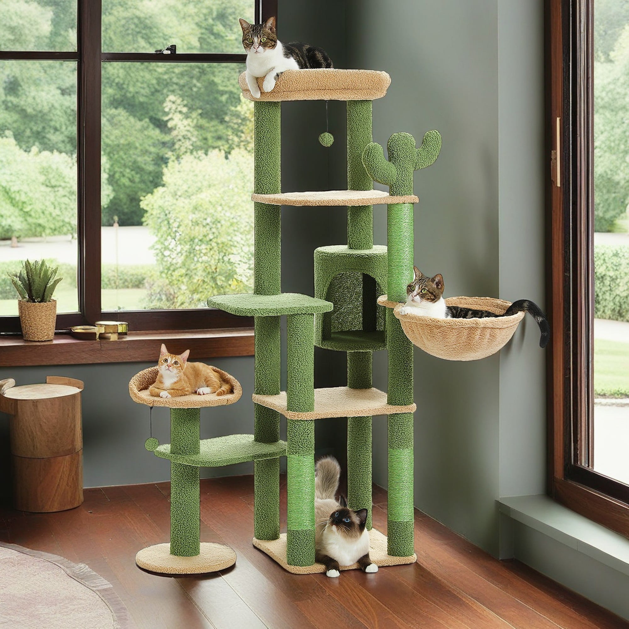 resenkos 59" Multi-Level Cat Tree Tower for Indoor Cats, Large Cat Condo for Multiple Cats with Hammock, Green