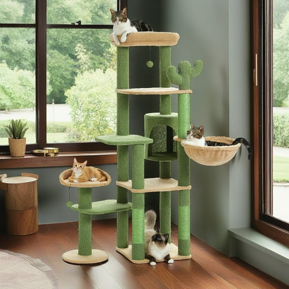 Demi Bonn 59" Multi-Level Cat Tree Tower for Indoor Cats, Large Cat Condo for Multiple Cats with Hammock, Green