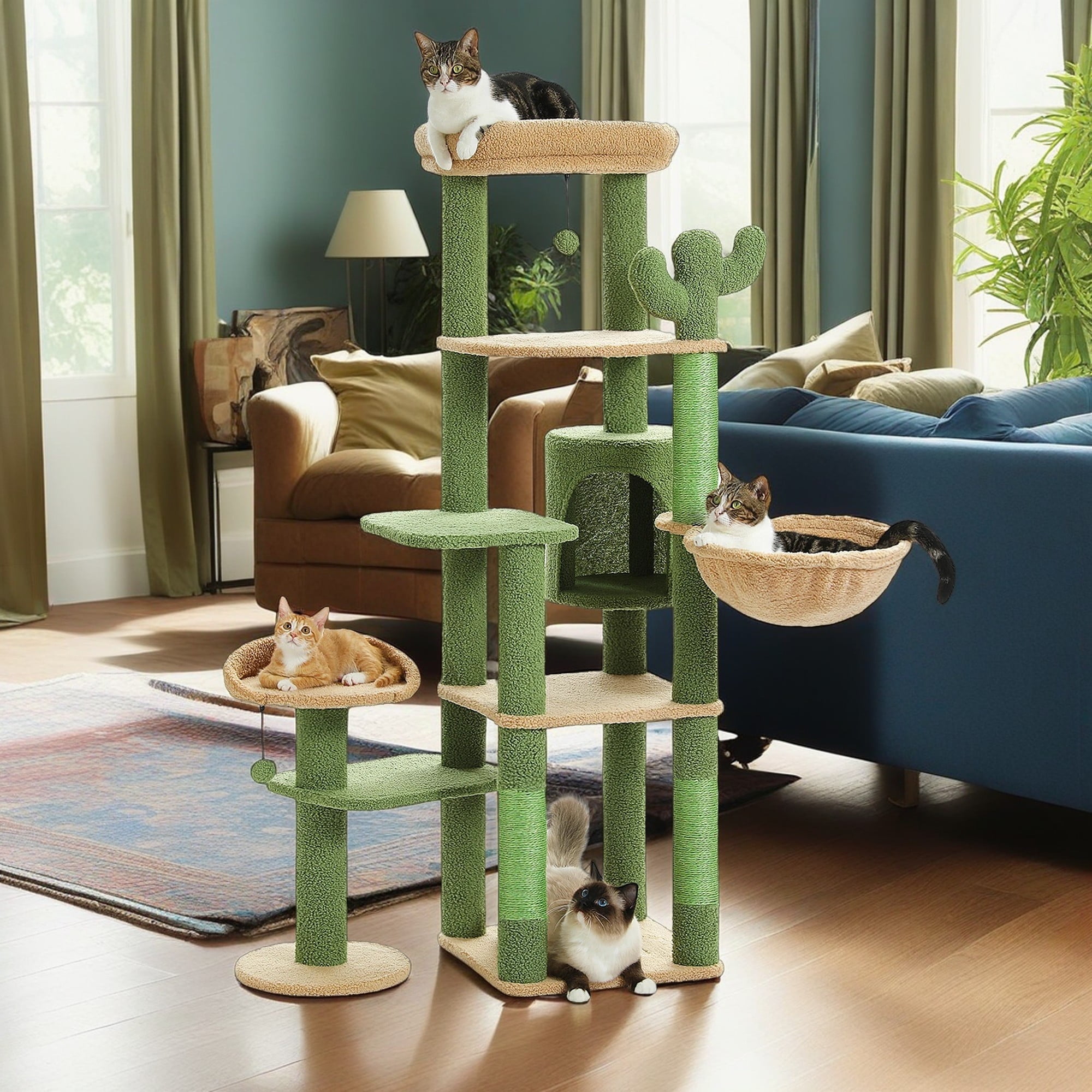 59" Green and Beige Sisal Cactus Cat Tree Tower with Hammock and Perches