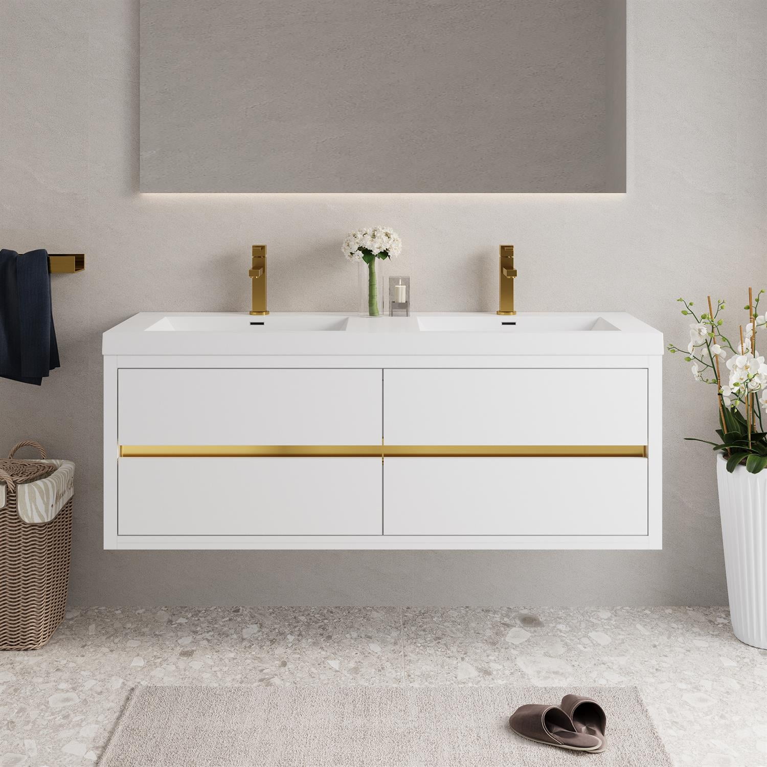 Demi Bonn 59" Wall-Mounted Bathroom Vanity with Sink, Stone Resin Countertop and 4 Soft Close Drawers, Faucets and Drains Not Included, White