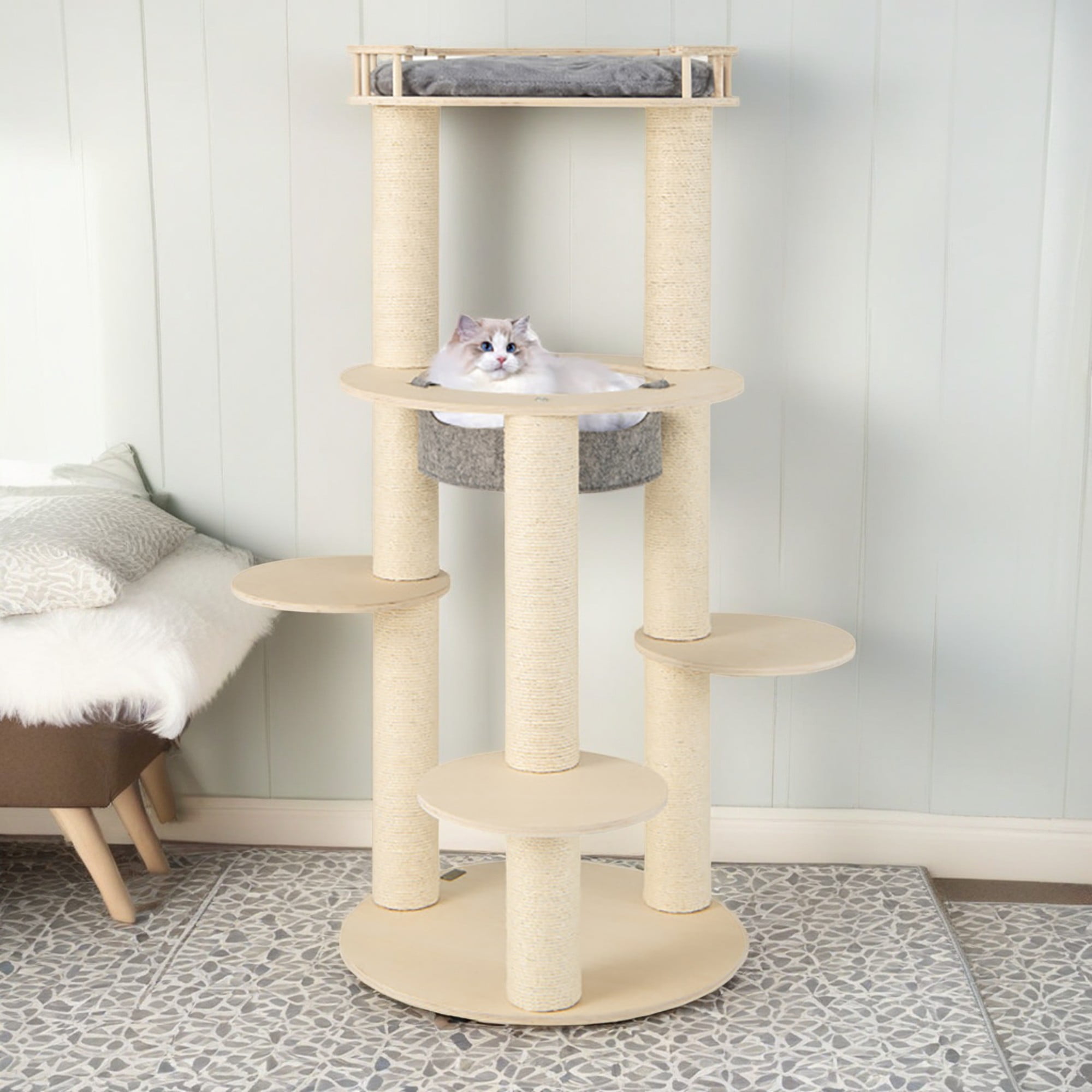 resenkos 59" Wood Cat Tree Tower for Indoor Cats, Multi-Level Cat Condo with Scratching Posts, Perch, Washable Removable Cushions, Cat Furniture, Beige