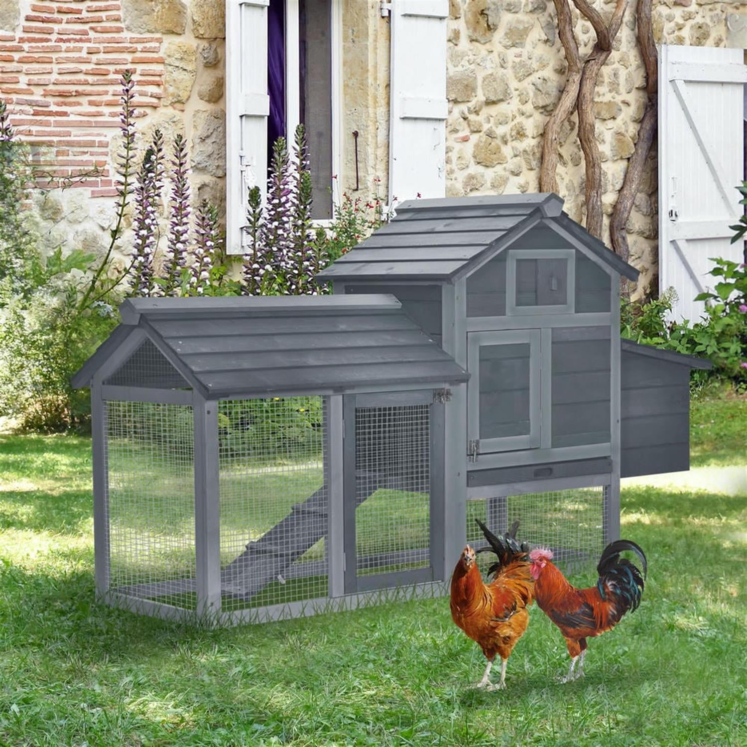Pefilos 59" Outdoor Wooden Chicken Coop with Nesting Box, Runs, Farm Hen House 2-4 Hens, Weatherproof Pet House for Rabbits, Poultry, Gray