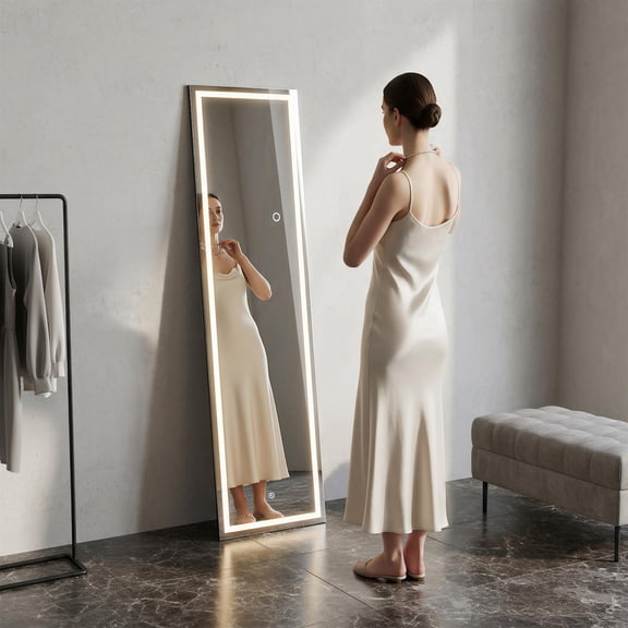 Demi Bonn 59x16 Inch Frameless LED Full-Length Mirror, Black Tempered Glass, High Color Accuracy Back Layer, Hammer-Resistant, Multi-Mount Options