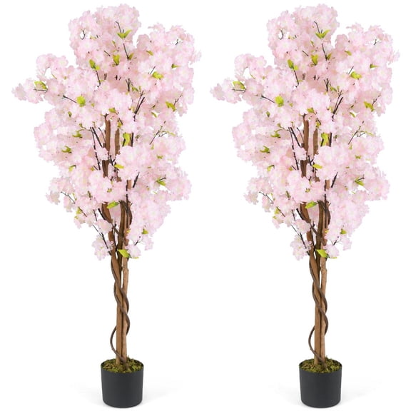 Demi Bonn 5FT Artificial Cherry Blossom Tree - Pink, 2 Pack, Pink Flowers & Cement Flowerpot