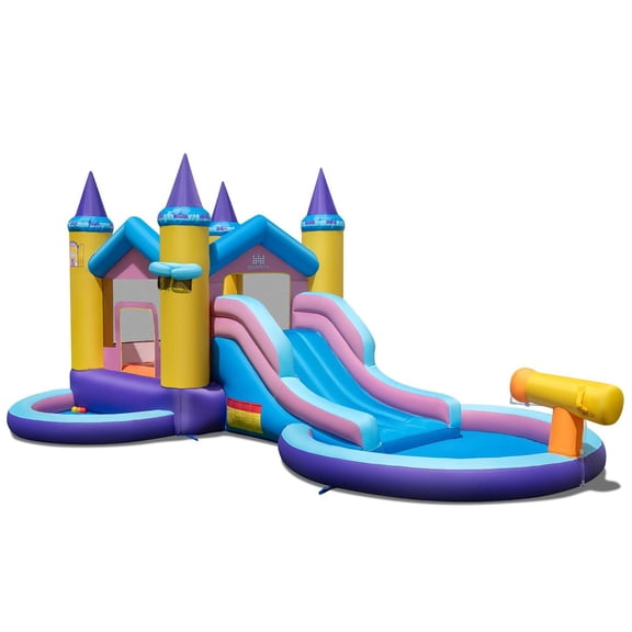 Demi Bonn 6-In-1 Inflatable Water Park, Princess Castle Theme, Jumping Area + Slide + Water Cannon, No Blower, Multicolor