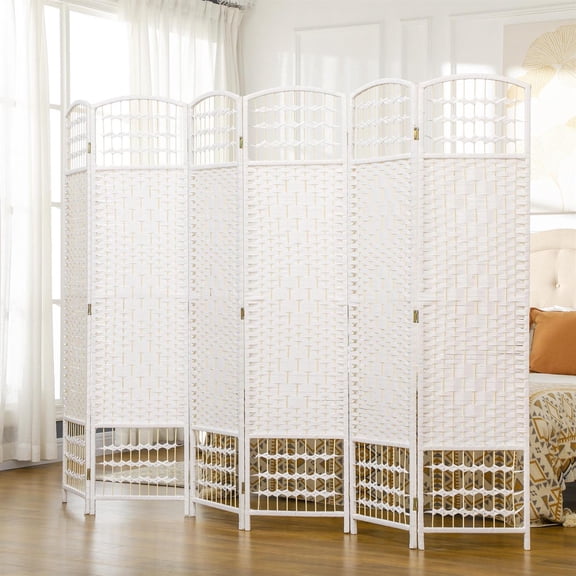 Demi Bonn 6 Panel Folding Room Divider Portable Privacy Screen Wave Fiber Room Partition for Home Office, White