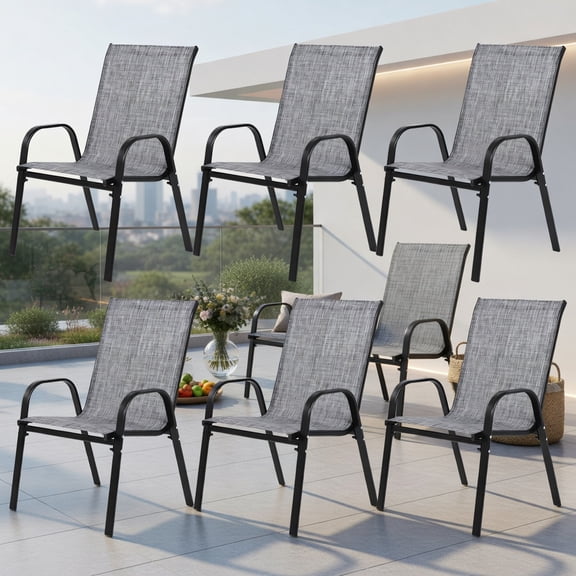 Demi Bonn 6 Piece Grey Outdoor Patio Chair Set Breathable Textilene Fabric Powder Coated Steel Frame High Back Armchair Garden Pool Camping Space Saving Lightweight Furniture, Grey