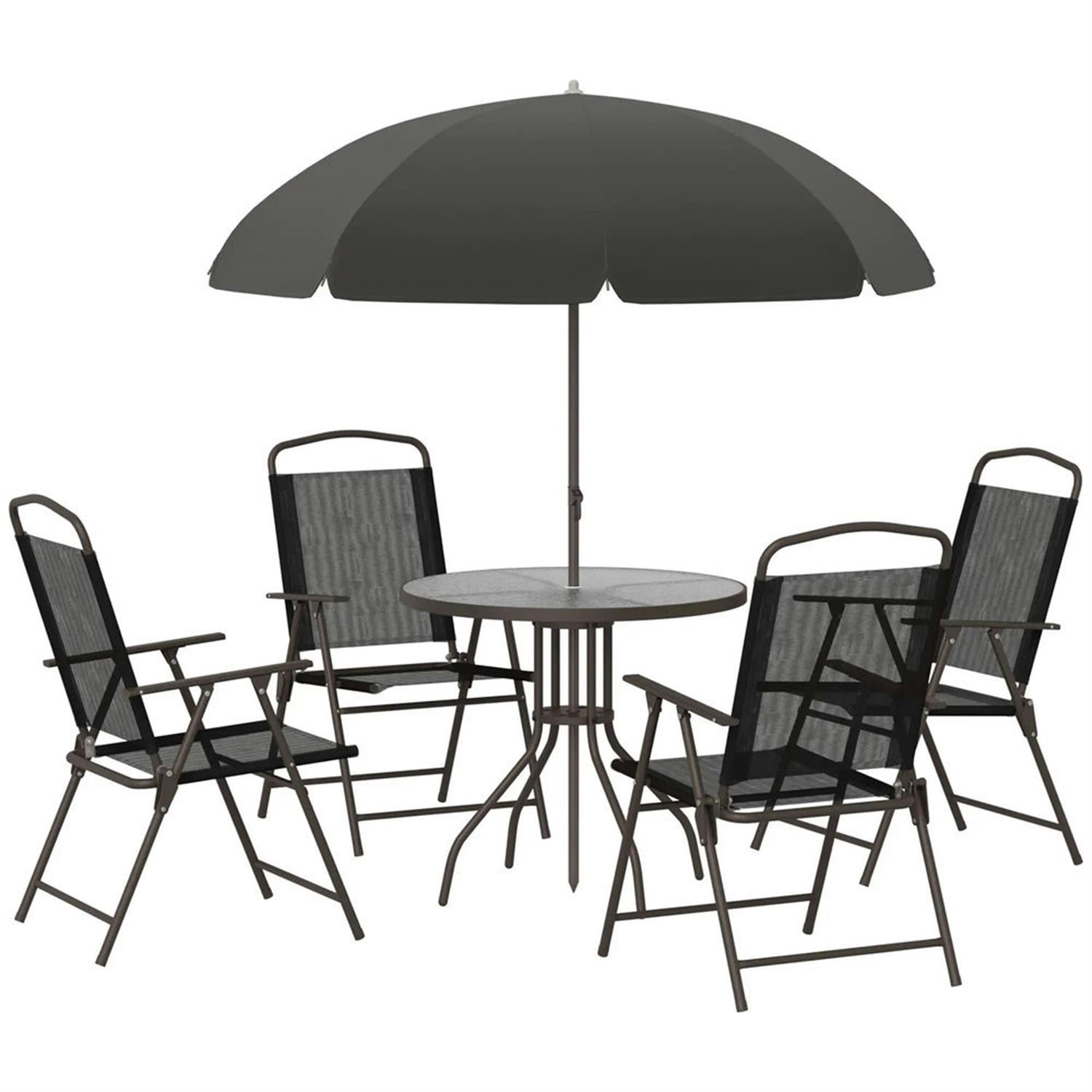 Demi Bonn 6-Piece Outdoor Dining Set with Umbrella, 4 Folding Chairs & Round Glass Table for Garden & Patio, Black