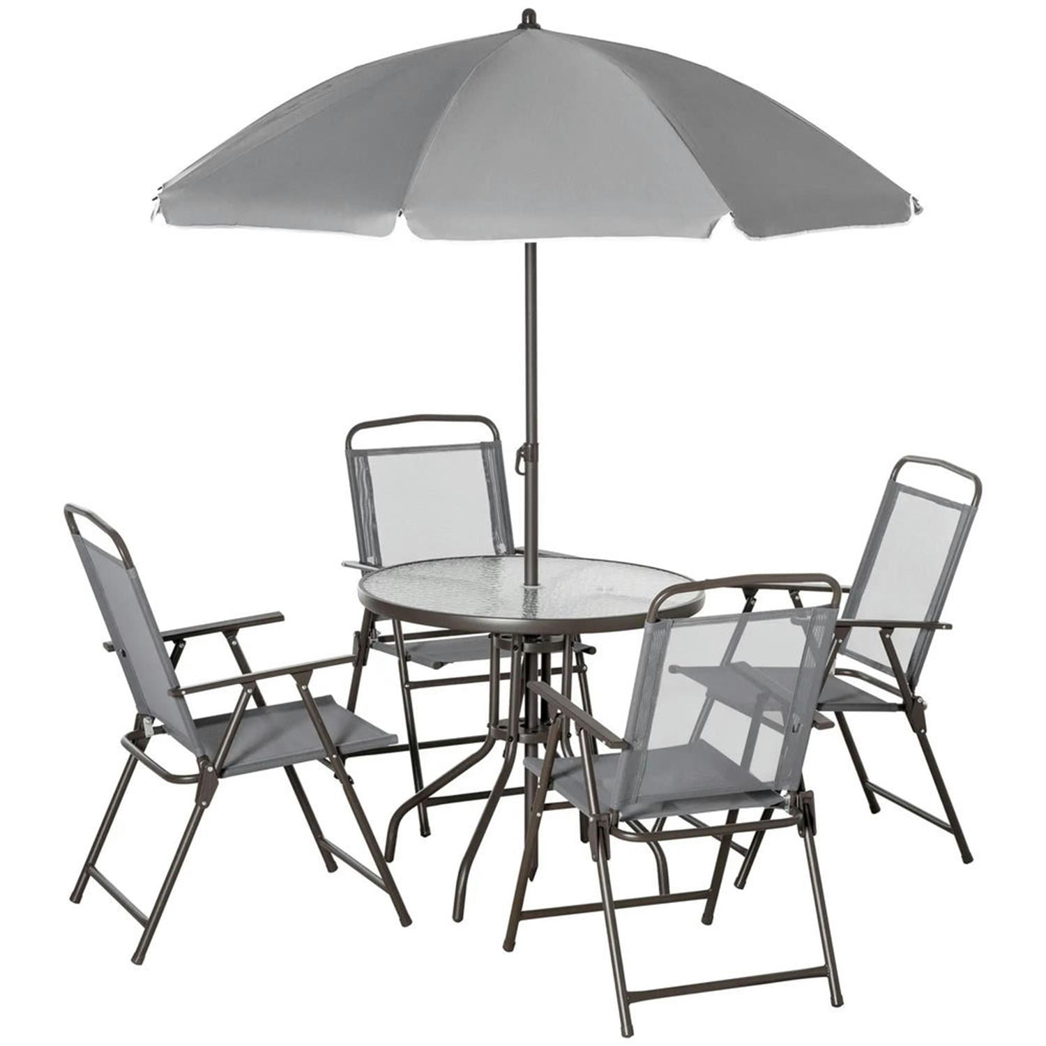 Demi Bonn 6-Piece Outdoor Dining Set with Umbrella, 4 Folding Chairs & Round Glass Table for Garden & Patio, Gray