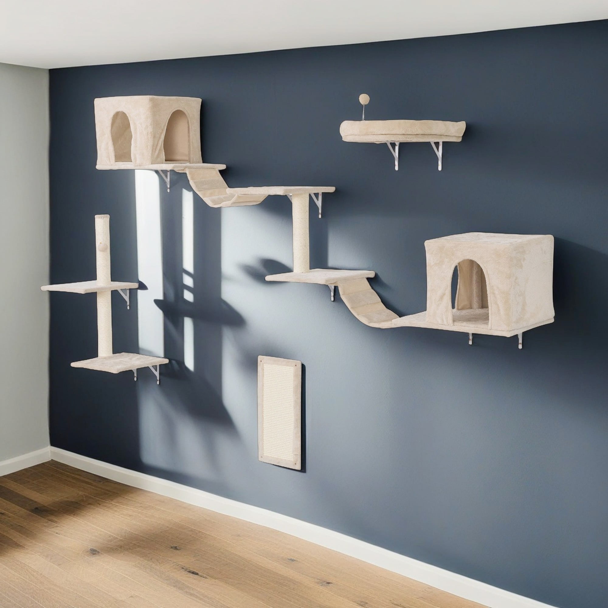 resenkos 6 Set Wall-mounted Cat Tree House, Cat Furniture with 2 Cat Condos, 3 Cat Wall Shelves, 2 Ladder, 1 Cat Perch, Sisal Cat Scratching Posts and Pad, Beige