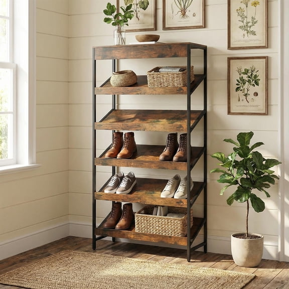 Demi Bonn 6-Tier Freestanding Bookshelf Angled Shelves Heavy Duty Metal Frame 230 LBS Capacity Anti-Tipping Storage for Home Office Study, Rustic Brown