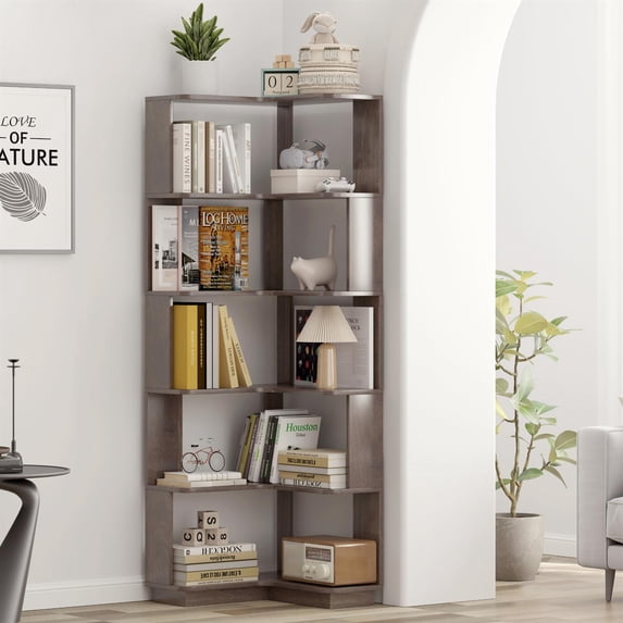Demi Bonn 6 Tier Freestanding L - Shaped Corner Bookshelf - Wood Bookcase, Anti - Drop, Dark Brown