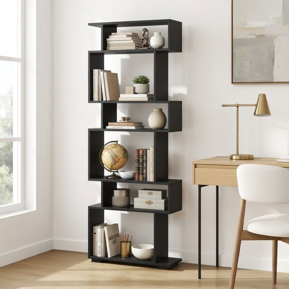Demi Bonn 6-Tier Geometric Bookshelf - 2 Anti-Tipping Kits, Premium Board, Protective Foot Pads, Black