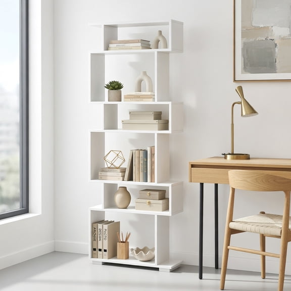 Demi Bonn 6-Tier Geometric Bookshelf, 2 Anti-Tipping Kits, Stable Structure, Scratch-Resistant, Home Office Use, White