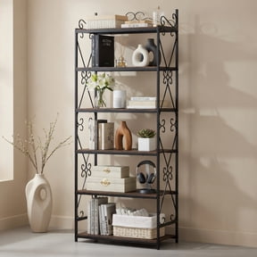 Demi Bonn 6-Tier Industrial Bookshelf, Metal Frame, 2 Anti-Tipping Kits, Scrollwork Details, Home Office Use, Rustic Brown