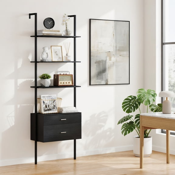 Demi Bonn 6-Tier Ladder Bookcase, 2 Drawers, Metal Frame, Raised Legs, Home Office Organizer, Black