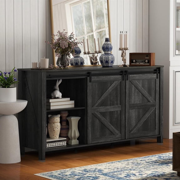 Demi Bonn 60" Buffet Cabinet, Farmhouse Sideboard with Sliding Barn Doors, Drawers and Adjustable Shelves for Dining Room, Entryway, Gray