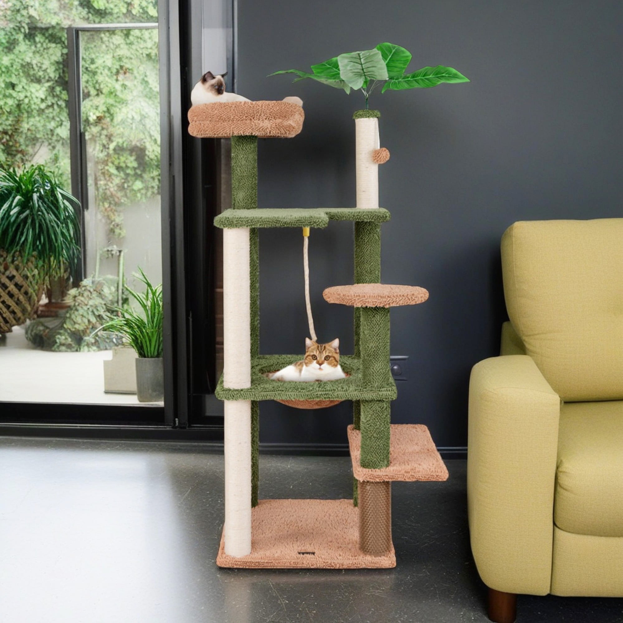 Kadyn 60" Cactus Cat Tree for Indoor Cats with Green Leaves, Multi-Level Cat Tower with Hammock, Cat Tree House with Rope and Sisal Scratching Posts, Green