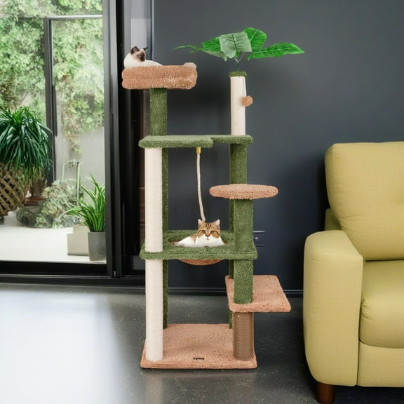 Demi Bonn 60" Cactus Cat Tree for Indoor Cats with Green Leaves, Multi-Level Cat Tower with Hammock, Cat Tree House with Rope and Sisal Scratching Posts, Green