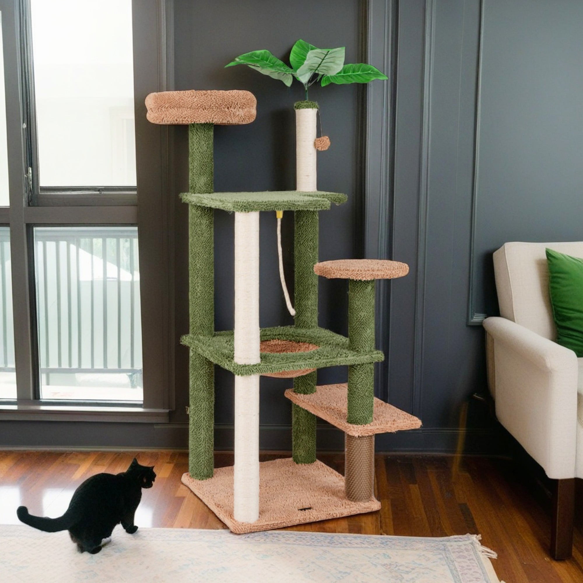 resenkos 60" Cactus Cat Tree Tower for Indoor Cats, Multi-Level Cat Condo, Cat Tree House with Sisal Scratching Posts, Hammock and Perch, Green