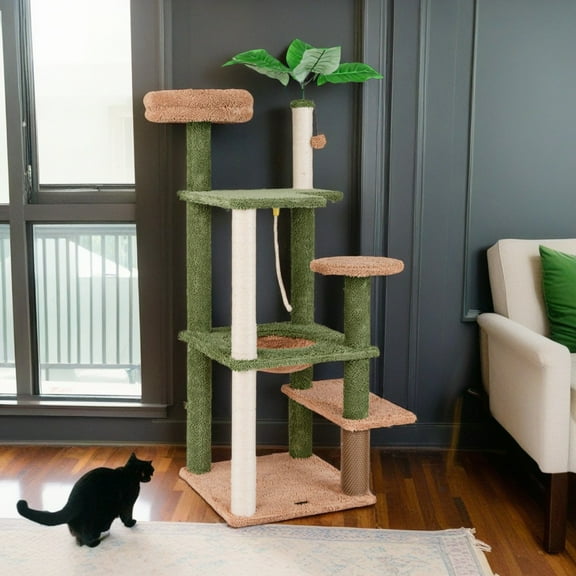 Demi Bonn 60" Cactus Cat Tree Tower for Indoor Cats, Multi-Level Cat Condo, Cat Tree House with Sisal Scratching Posts, Hammock and Perch, Green