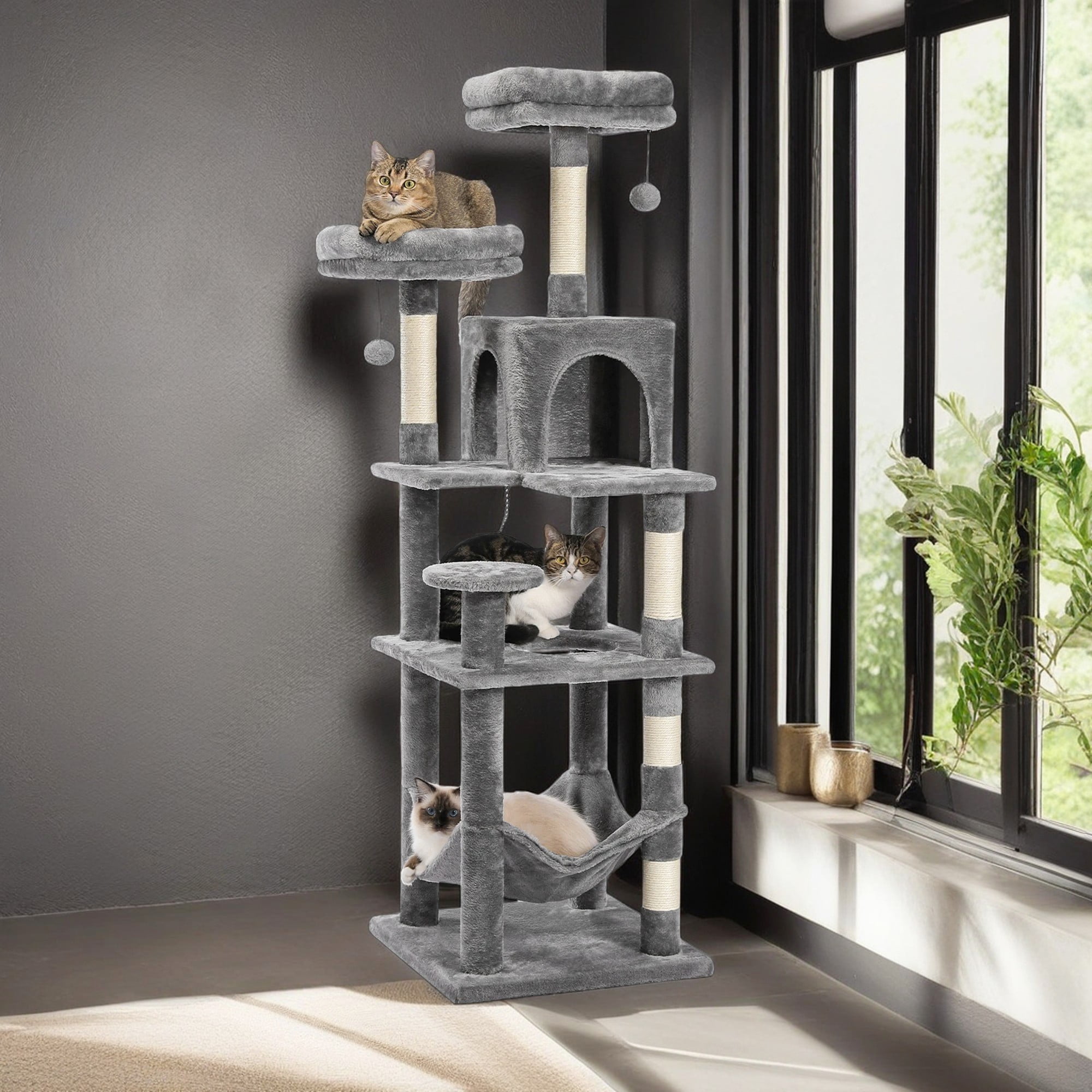 resenkos 60" Cat Tree Tower for Indoor Cats, Multi-Level Cat Tree House with Scratching Post, Cozy Cat Condo, Hammock and Padded Top Perch, Gray