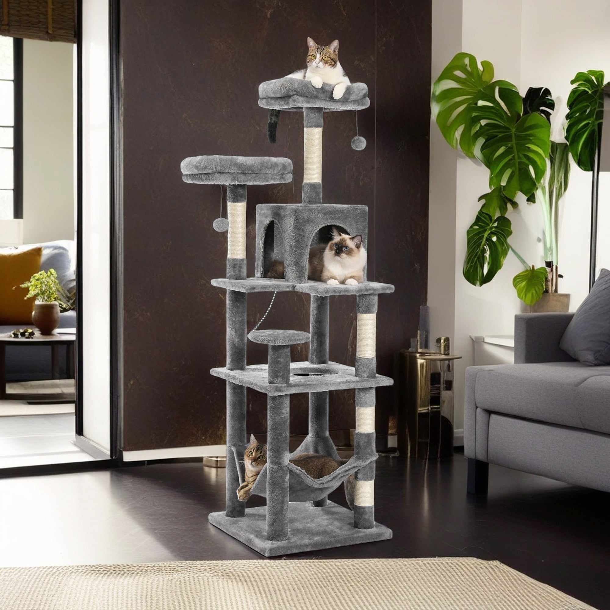 Kadyn 60" Cat Tree Tower for Indoor Cats, Plush Multi-Level Cat Condo with 5 Scratching Posts, 2 Perches, Caves, Hammock, Gray