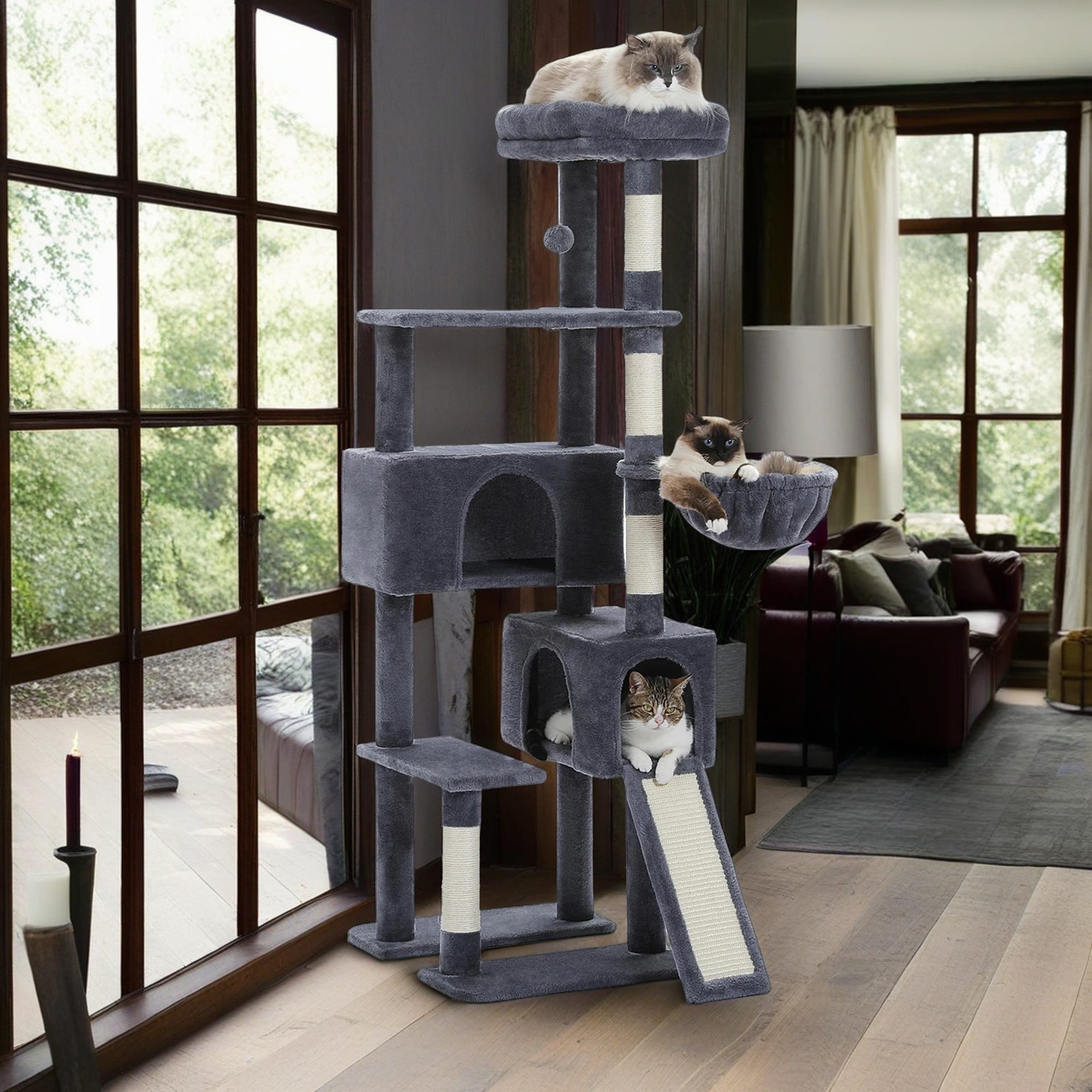 Kadyn 60" Cat Tree for Indoor Cats with Scratching Posts Cat Condo, Cat Tree Tower House, Dark Gray