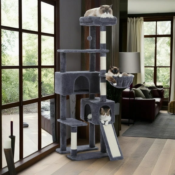 Demi Bonn 60" Cat Tree for Indoor Cats with Scratching Posts Cat Condo, Cat Tree Tower House, Dark Gray