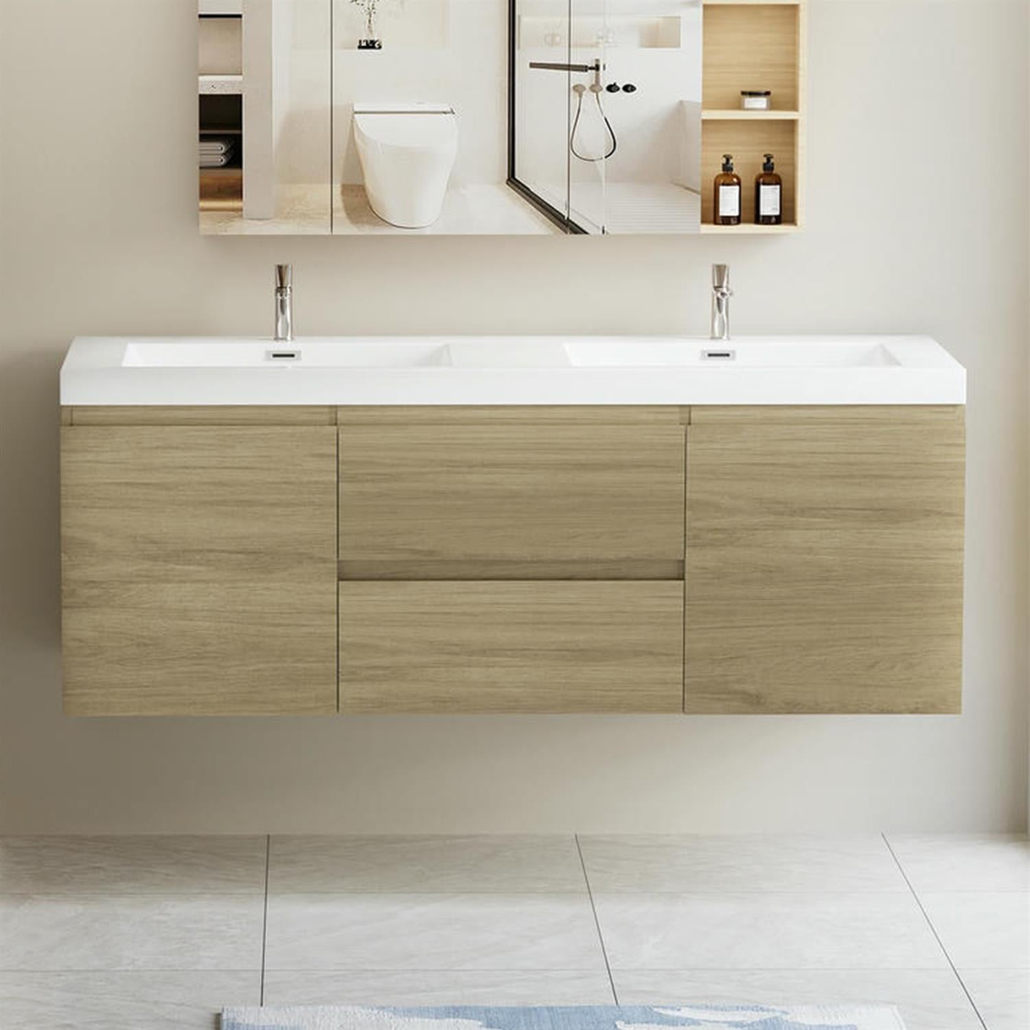 Demi Bonn 60" Floating Bathroom Vanity with Sink, Double Resin Top Basin and 2 Soft Close Drawers, 2 Storage Cabinet, Faucets and Drains Not Included, Brown