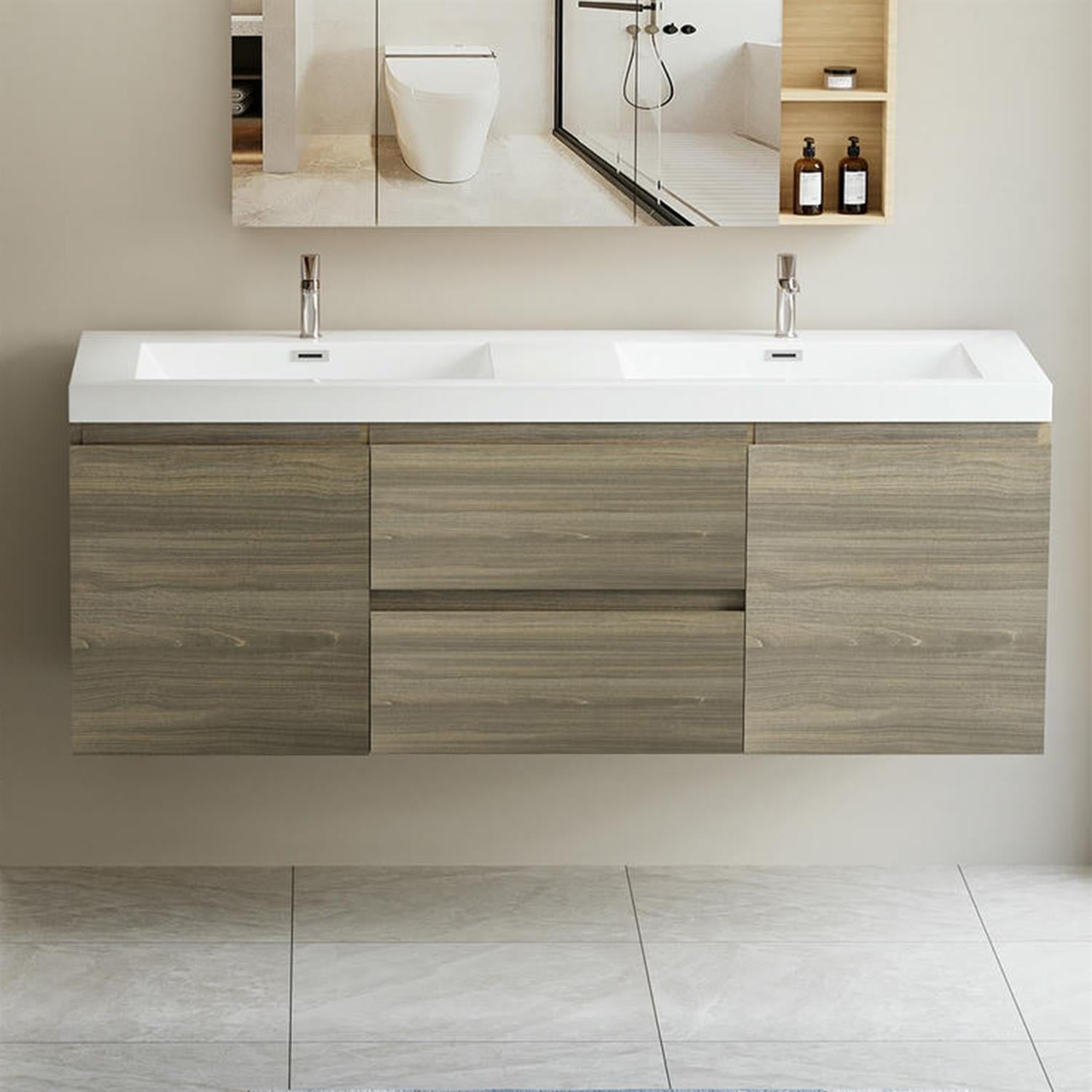 Demi Bonn 60" Floating Bathroom Vanity with Sink, Double Resin Top Basin and 2 Soft Close Drawers, 2 Storage Cabinet, Faucets and Drains Not Included, Gray