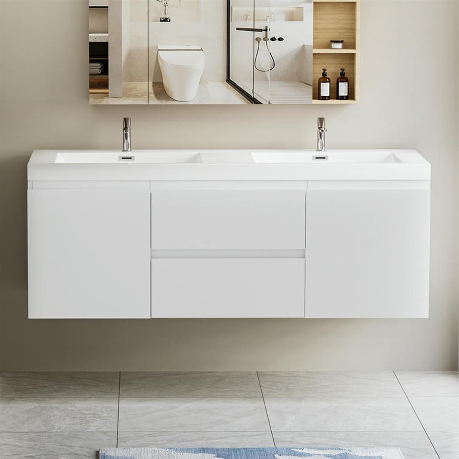 Demi Bonn 60" Floating Bathroom Vanity with Sink, Double Resin Top Basin and 2 Soft Close Drawers, 2 Storage Cabinet, Faucets and Drains Not Included, White
