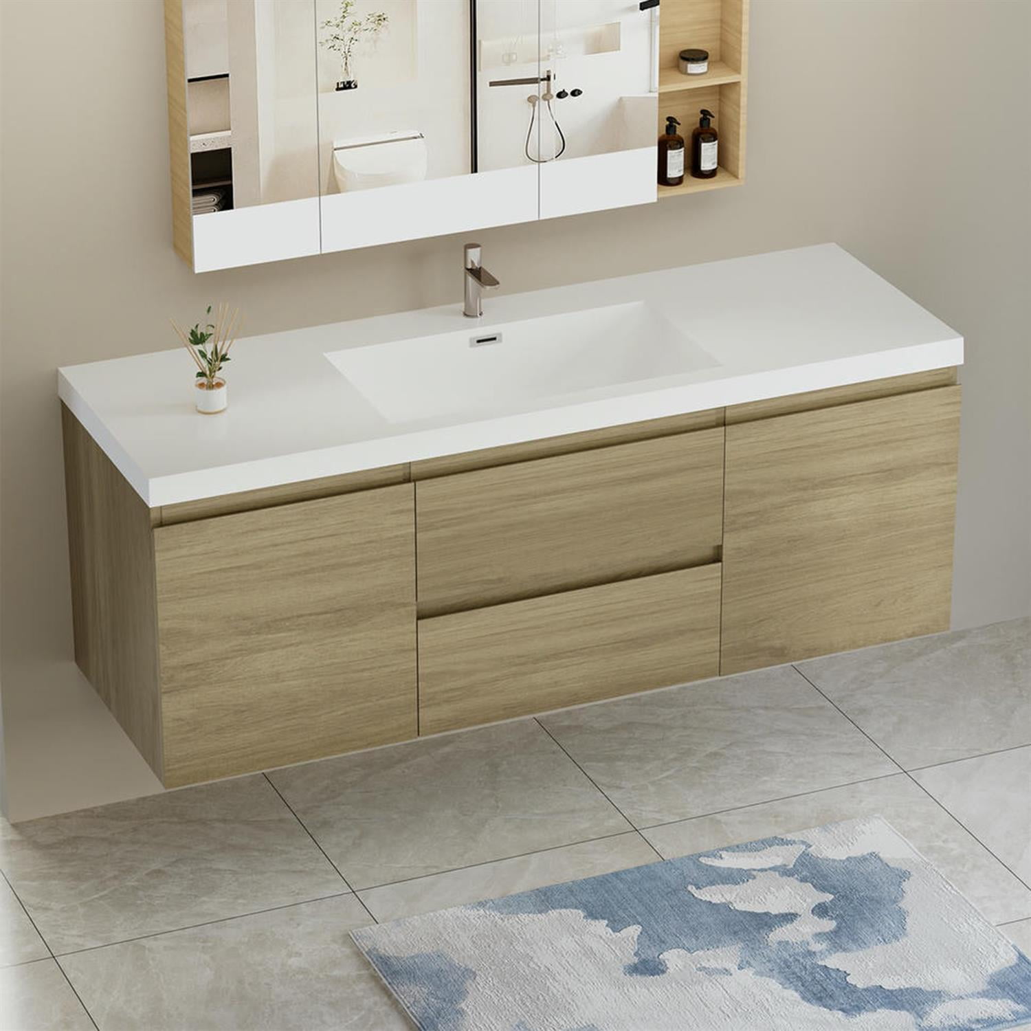 Demi Bonn 60" Floating Bathroom Vanity with Sink, Resin Top Basin and 2 Soft Close Drawers, 2 Storage Cabinet, Faucets and Drains Not Included, Brown