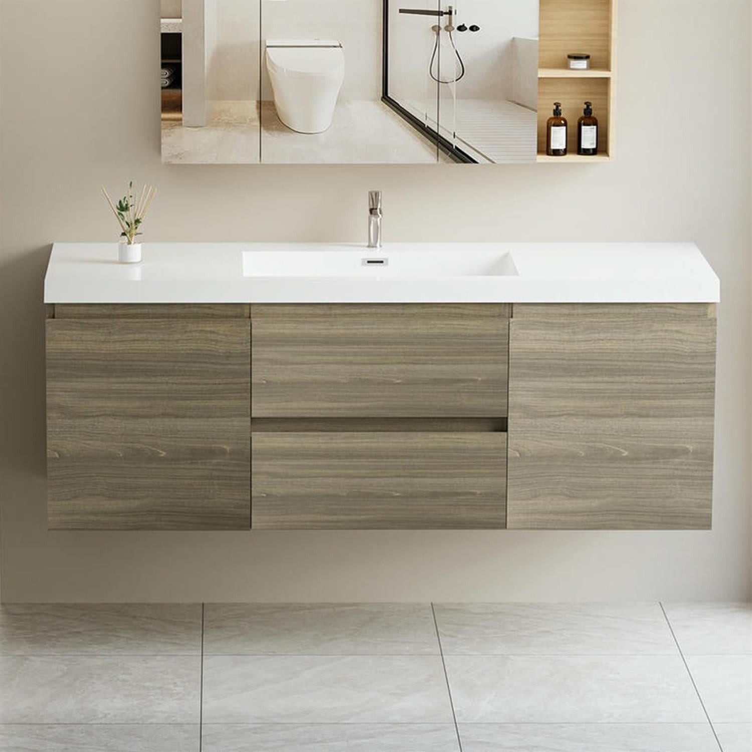 Demi Bonn 60" Floating Bathroom Vanity with Sink, Resin Top Basin and 2 Soft Close Drawers, 2 Storage Cabinet, Faucets and Drains Not Included, Gray