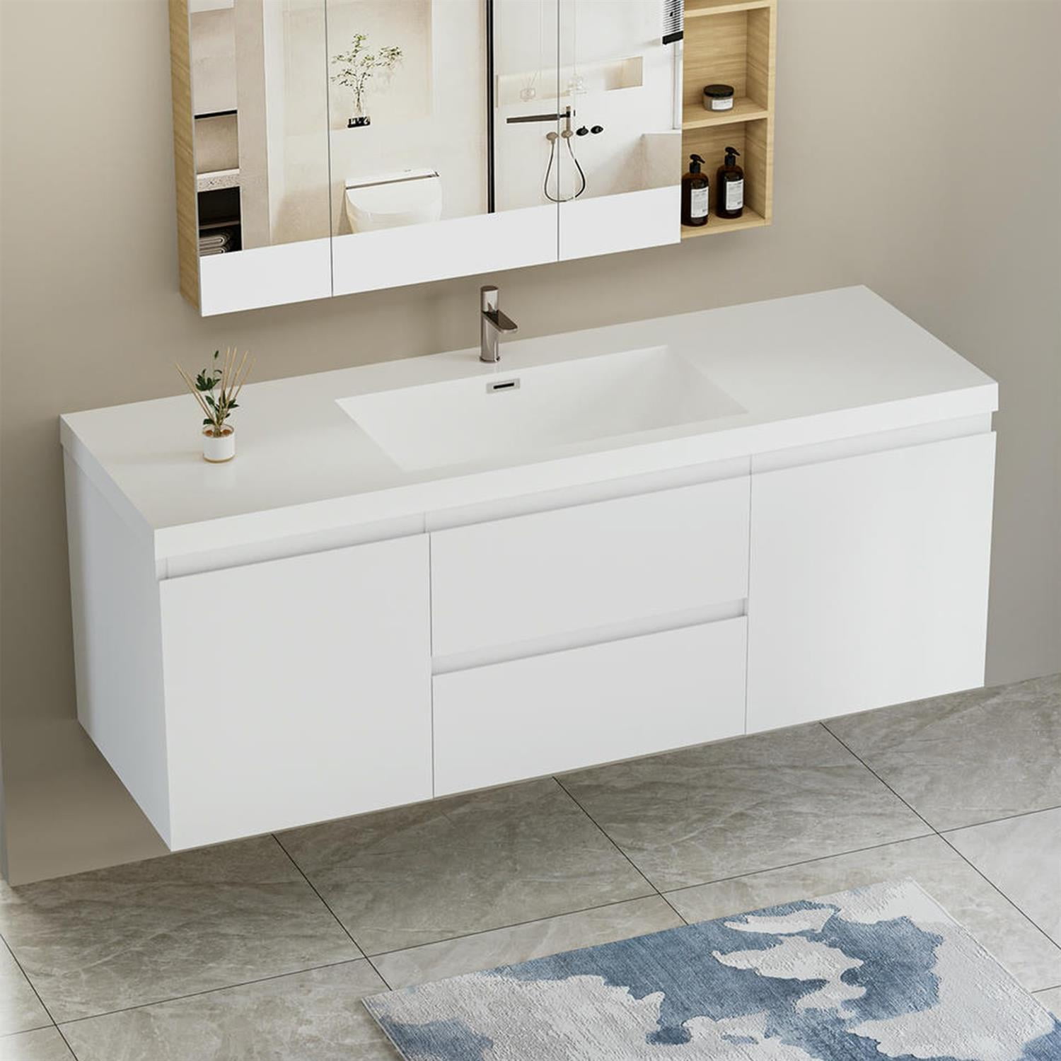 Demi Bonn 60" Floating Bathroom Vanity with Sink, Resin Top Basin and 2 Soft Close Drawers, 2 Storage Cabinet, Faucets and Drains Not Included, White