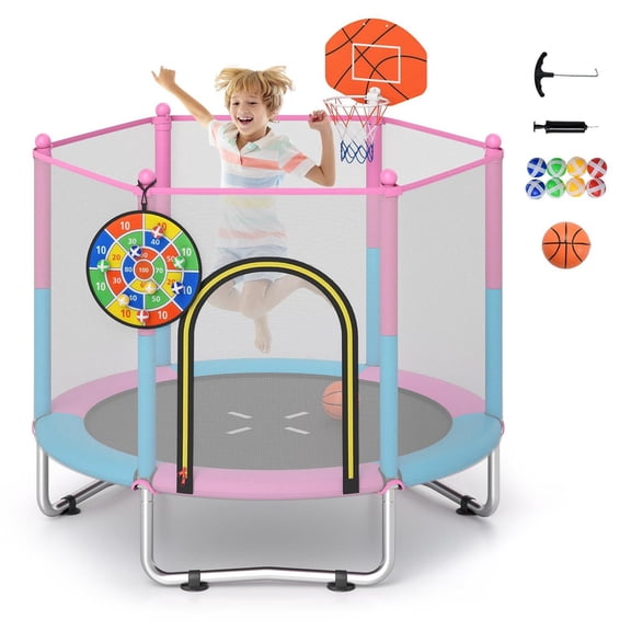 Demi Bonn 60-Inch Trampoline, No-Gap Safety Design, Anti-Slip Suction Cups, Built-In Basketball Hoop, Multicolor