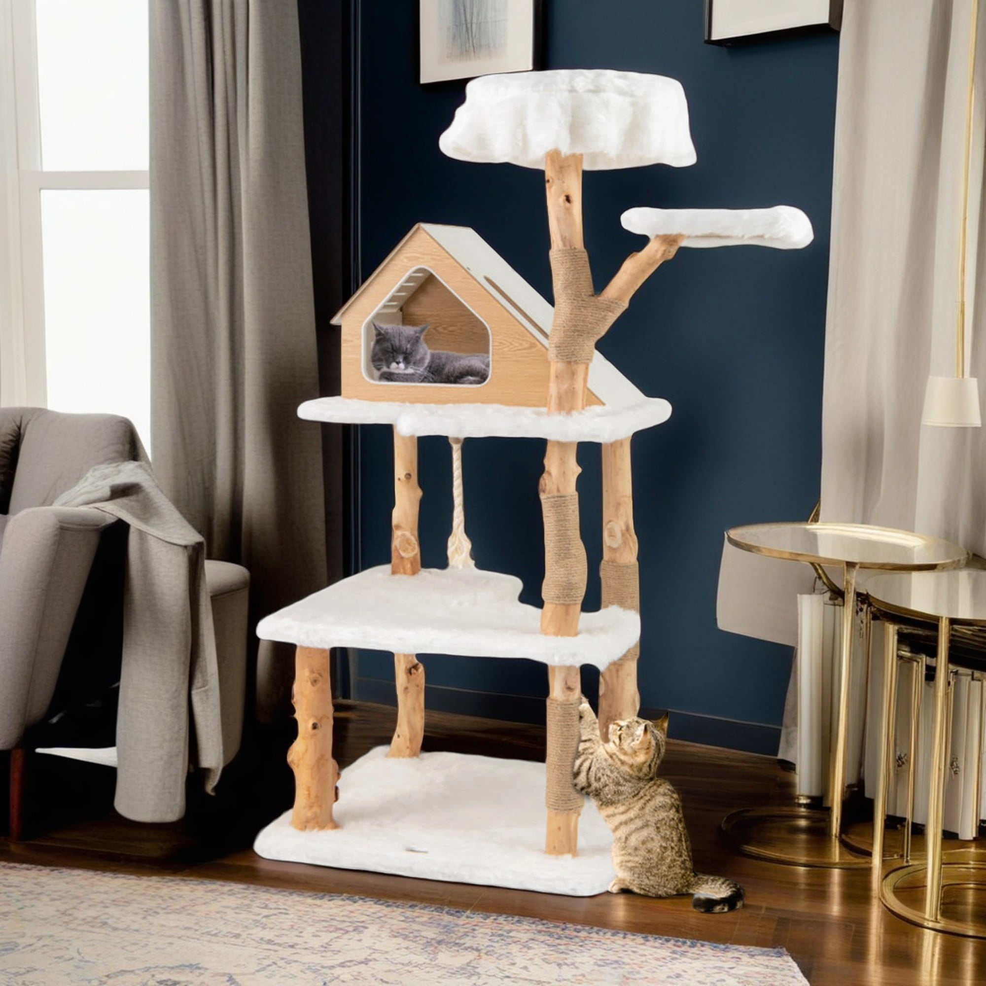 Kadyn 60" Solid Wood Cat Tree Tower for Indoor, Modern Cat Condo with Scratching Post, Cat Climbing Tree House Furniture, White